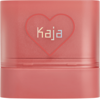 Koralowy balsam do policzków i ust Kaja Dewy Bar Grapefruit Gelato w okrągłym opakowaniu z sercem i logo.