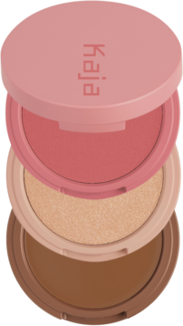 Kaja Play Bento paleta do konturowania twarzy 3w1: różowy róż, beżowy rozświetlacz, brązowy bronzer w stosie.
