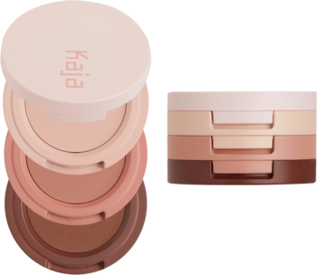 Kaja Beauty Bento Trio cieni do powiek, dwa piętrowe zestawy z kremowo-pudrową formułą w odcieniach nude i brązu.