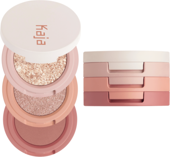 Kaja Beauty Bento Trio Peach Madeline: trzy piętrowe cienie, brokatowe i matowe, oraz zamknięte opakowania.