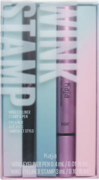 Kaja Wing Eyeliner Stamp & Pen zestaw w pastelowym pudełku, czarny i różowo-fioletowy eyeliner, widok z przodu.