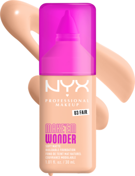 NYX MAKE 'EM WONDER matujący podkład do twarzy w szklanej butelce z różową nakrętką, odcień 03 FAIR, widok z przodu.