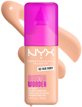 NYX Make 'Em Wonder 05 Fair Ivory, matowy podkład w butelce z różową zakrętką, widok z przodu.