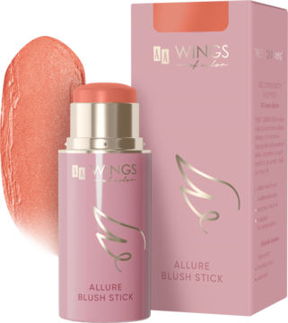 Allure Blush Stick 03 Creamy Apricot. Otwarty kremowy róż w sztyfcie z widoczną próbką koloru i pudełkiem.