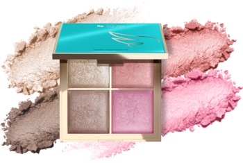 Paleta AA Trust Your Wings: 4 wypiekane pudry do konturowania i rozświetlania, na tle sypkich pudrów beż/róż.