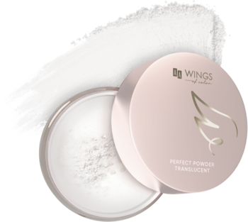 AA Wings of Color Perfect Translucent Powder, otwarty puder sypki z różową pokrywką i rozsypaną białą warstwą.