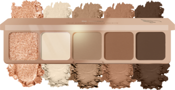 Paleta cieni AA Wings of Color True Vision 01 Grounded: 5 matowych i błyszczących odcieni brązu, beżu, ze swatchami.