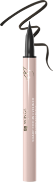Eyeliner Sharp Focus 01 Limitless Black. Pudrowy pisak z czarną końcówką i logo Wings of Color, widoczna kreska.