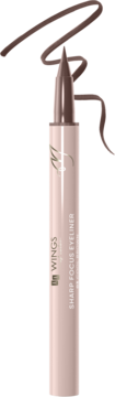 Eyeliner Sharp Focus 03 Cool Brown w jasnobeżowym pisaku, z widoczną brązową końcówką i testową kreską.
