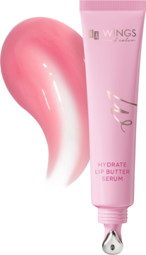 AA Wings of Color Hydrate Lip Butter Serum 02 Pink Pudding, różowa tubka, metalowy aplikator, obok duży błyszczący różowy swatch.
