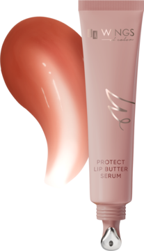 AA Wings Protect Lip Serum 03 Chocolate Cream, różowa tubka z chłodzącym aplikatorem, obok błyszczący odcień.