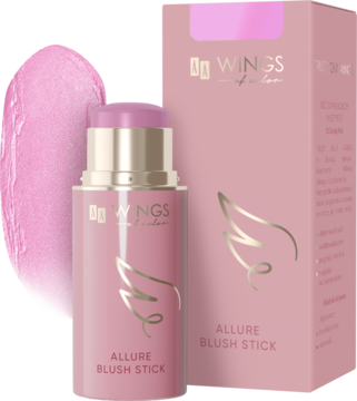 AA Wings of Color Allure Blush Stick 01 Candy Pink. Kremowy róż w sztyfcie i opakowanie na jasnym tle, obok różowy swatch.