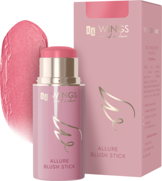 Allure Blush Stick 02 Soft Rose w różowym opakowaniu sztyftu, z pudełkiem i rozmazem kremowej formuły.