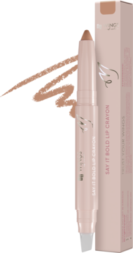 Jasnobeżowa matowa kredka do ust Say It Bold Lip Crayon 01 Light Caramel z silikonową końcówką, obok pudełka.