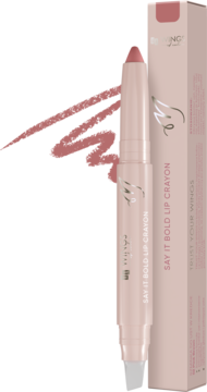 Różowo-brązowa kredka do ust Say It Bold Lip Crayon 02 z blenderem, widok z przodu, obok pudełka.