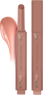 Dwa balsamy AA Wings of Color Here To Shine 03 Nude Radiance, jeden otwarty, obok błyszczący nude swatch.