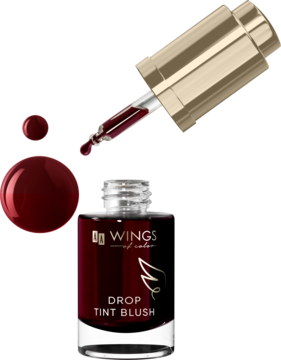 Ciemnoczerwony Drop Tint Blush AA Wings of Color w otwartej buteleczce z widocznym aplikatorem-pipetką.