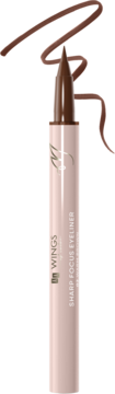 AA Wings Sharp Focus Eyeliner 02 Warm Brown, beżowy pisak z brązową końcówką i narysowaną kreską.