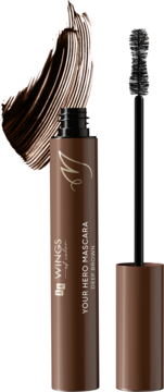 Głęboko brązowy tusz do rzęs AA Wings of Color Your Hero Mascara 02, otwarta tubka, szczoteczka, smuga tuszu.