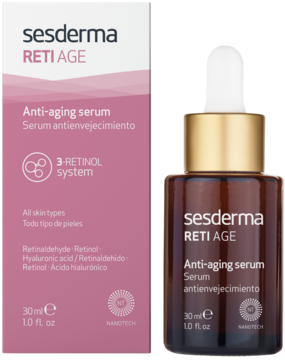 Sesderma Reti Age serum przeciwzmarszczkowe 3-RETINOL system, brązowa butelka i różowe pudełko, widok z przodu.