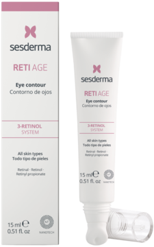 Biały krem pod oczy Sesderma Reti Age z 3-retinolem w tubce 15ml i kartoniku, widok z przodu.