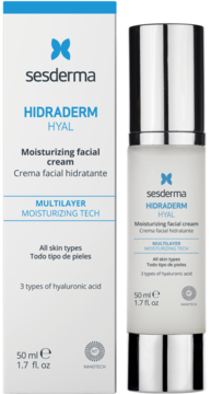 Sesderma Hidraderm Hyal, nawilżający krem z kwasem hialuronowym w białym opakowaniu i srebrnej butelce z pompką.