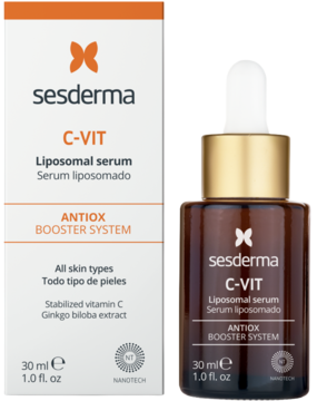 Serum Sesderma C-VIT Liposomal z witaminą C, brązowa butelka i biało-pomarańczowe pudełko, widok z przodu.