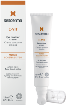 Krem Sesderma C-VIT pod oczy 15ml, biała tubka z pomarańczowymi napisami i usuniętą nakrętką, obok pudełko.