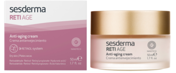 Krem Sesderma Reti Age z 3 retinoidami, 50ml. Zestaw: biało-różowe pudełko i słoiczek z złotą nakrętką, widok z przodu.