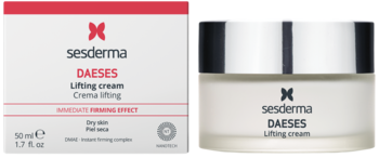 Białe opakowanie i słoiczek kremu liftingującego Sesderma DAESES, dla suchej skóry, widok z przodu.