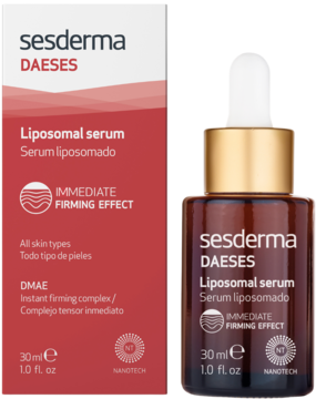 Sesderma DAESES Liposomalne serum liftingujące DMAE, brązowa butelka z pipetą i pudełkiem, widok z przodu.