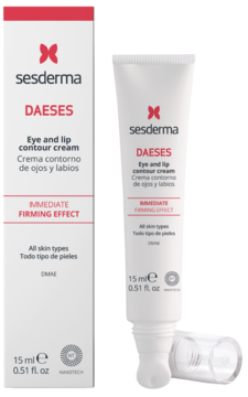 Sesderma DAESES Eye & Lip Contour Cream, białe pudełko i tubka 15ml, widok z przodu, Immediate Firming Effect.