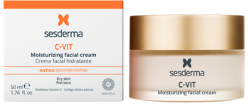 Sesderma C-VIT krem nawilżający z witaminą C, białe pudełko i słoiczek z złotą pokrywką, widok z przodu.