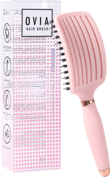 Różowa szczotka Ovia Sister Young, wentylowana, z naturalnym włosiem dzika, przy różowym opakowaniu.