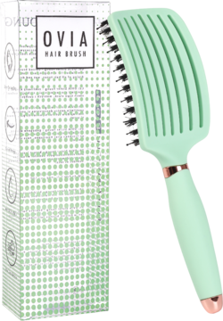Miętowa szczotka Ovia Sister Young z włosiem dzika i wentylacją, z rączką, obok białego pudełka, widok z boku.