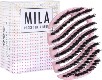 Różowa szczotka MILA Pocket Sister Young z naturalnym włosiem dzika i nylonowymi szpilkami, obok pudełko.