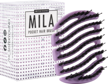 MILA Pocket Sister Young: fioletowa kieszonkowa szczotka z włosiem dzika i nylonowymi szpilkami, obok białe pudełko.