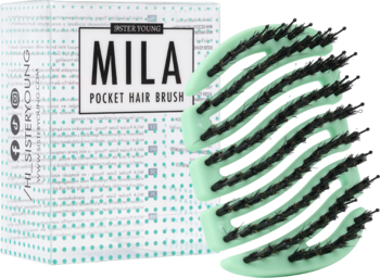 MILA Pocket Sister Young: miętowa szczotka do włosów o falistym korpusie i czarnych nylonowych szpilkach; widoczne białe pudełko.