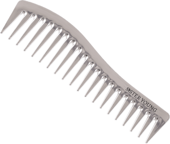 Srebrny grzebień ZURI Sister Young, szerokie zęby, antystatyczny, do włosów kręconych, widok z góry.