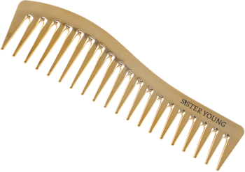 ZURI Sister Young szeroki grzebień w kolorze złotym, z falistym kształtem i logotypem, widok z góry.