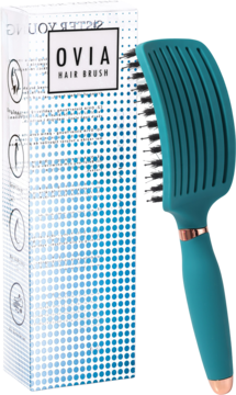 Ovia Sister Young szczotka teal z mieszanym włosiem i wentylacją, obok białego opakowania produktu, widok z boku.