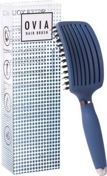 Niebieska szczotka Ovia Sister Young z wentylacją, widok z boku, obok białego opakowania z napisem OVIA.