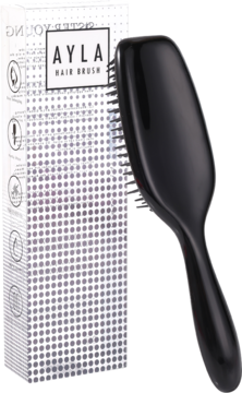 Czarna szczotka AYLA Sister Young do rozczesywania włosów i masek, z elastycznymi ząbkami, obok opakowania.