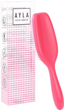 AYLA Sister Young, różowa szczotka do rozczesywania włosów, z ergonomiczną rączką, obok białe opakowanie. Ujęcie z przodu.