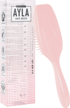 Różowa, ergonomiczna szczotka AYLA Sister Young do rozczesywania i masek, obok białe opakowanie.