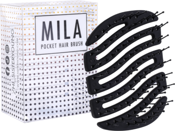 Czarna kompaktowa mini szczotka MILA Pocket Sister Young z nylonowymi szpilkami i białym opakowaniem produktu.