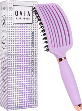 Fioletowa szczotka do włosów Ovia Sister Young z wentylacją, włosiem dzika, obok białego pudełka.
