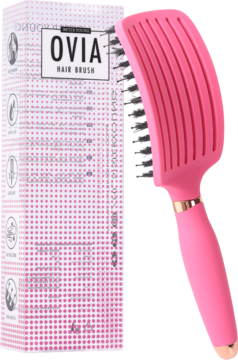 Profesjonalna, różowa szczotka Ovia Sister Young z naturalnym włosiem i wentylacją, obok białego pudełka.