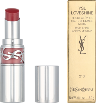 YSL Lovesine High-Shine Caring Lipstick 213 w otwartej, srebrnej tubie obok złotego pudełka. Błyszcząca czerwień.