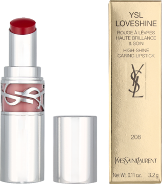 Otwarta, czerwona szminka YSL Loveshine High-Shine Caring Lipstick w srebrnym etui, obok złote pudełko.